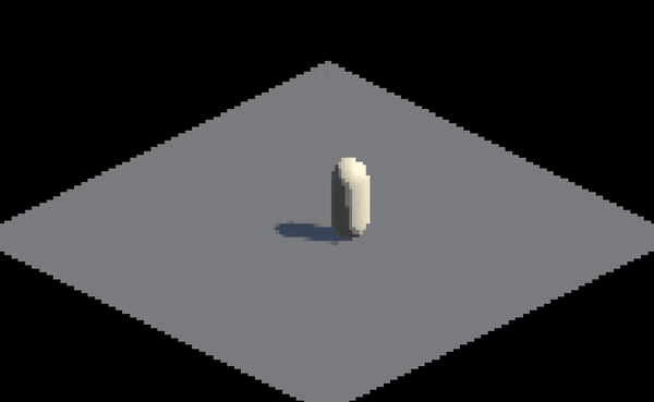 A pill-shaped placeholder character moving around a flat plane in a low-res 3D environment.